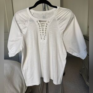 Design History White Lace-Up Short Sleeve Puff Sleeve Top Size Medium
